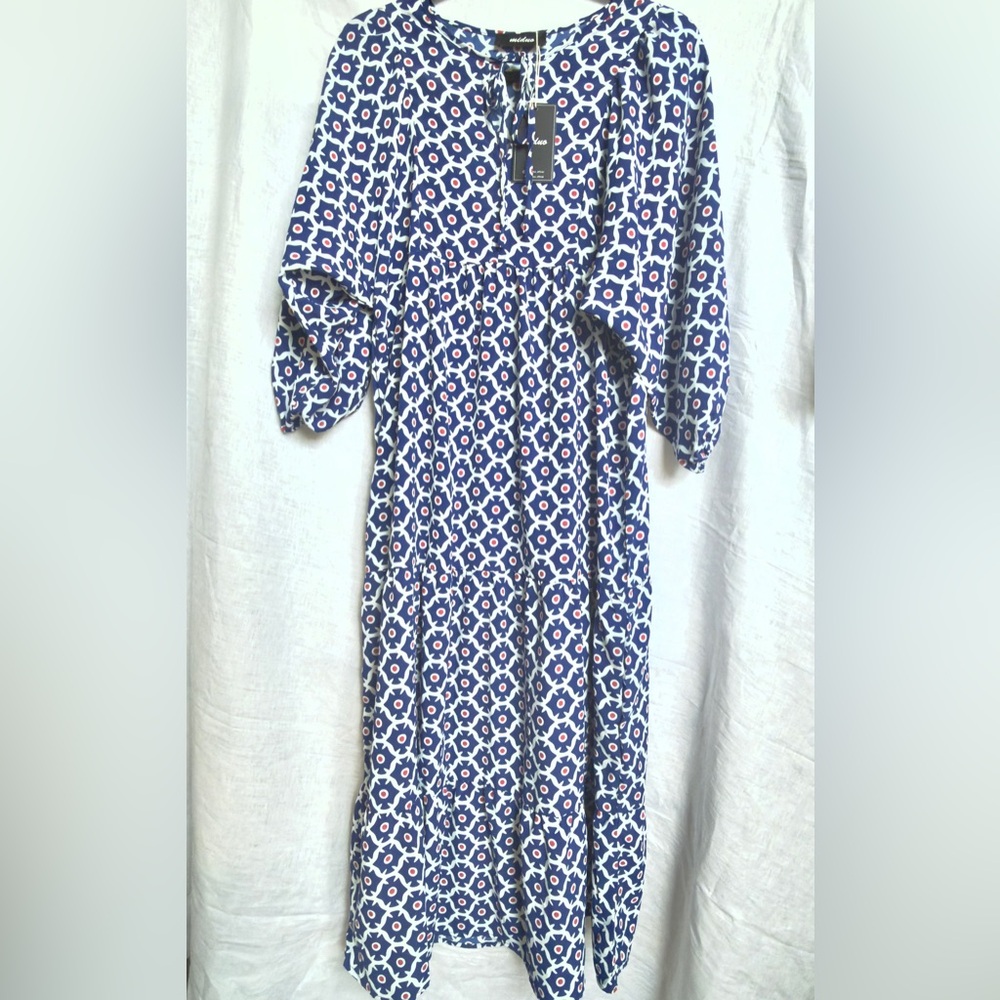 Gorgeous Navy & Coral Geometric Print, Miduo Butterfly-Sleeve, Maxi Dress, NWT M